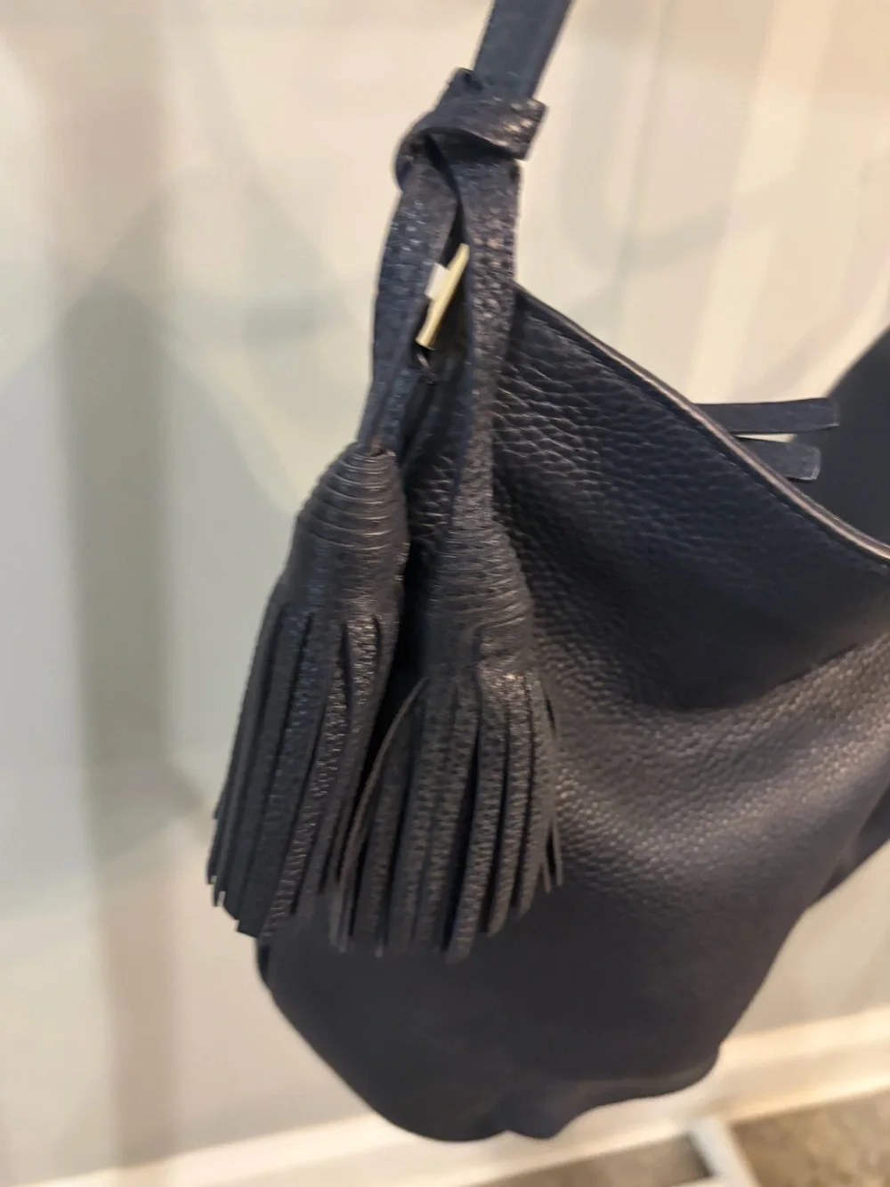 Tory Burch Navy Pebbled Leather Shoulder Hobo with Tassel